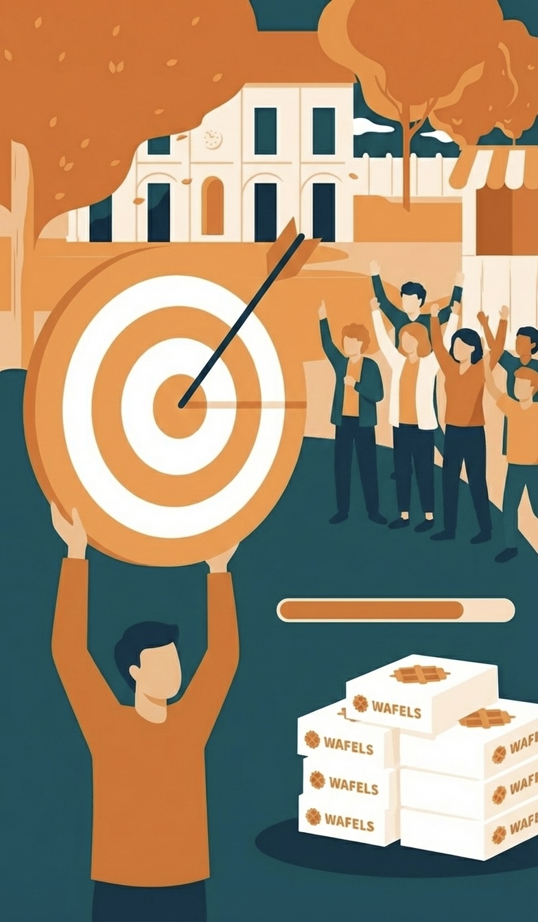 Illustratie van een behaalde doelstelling met een grote stapel verkochte Bani wafeldozen en een juichende groep mensen.