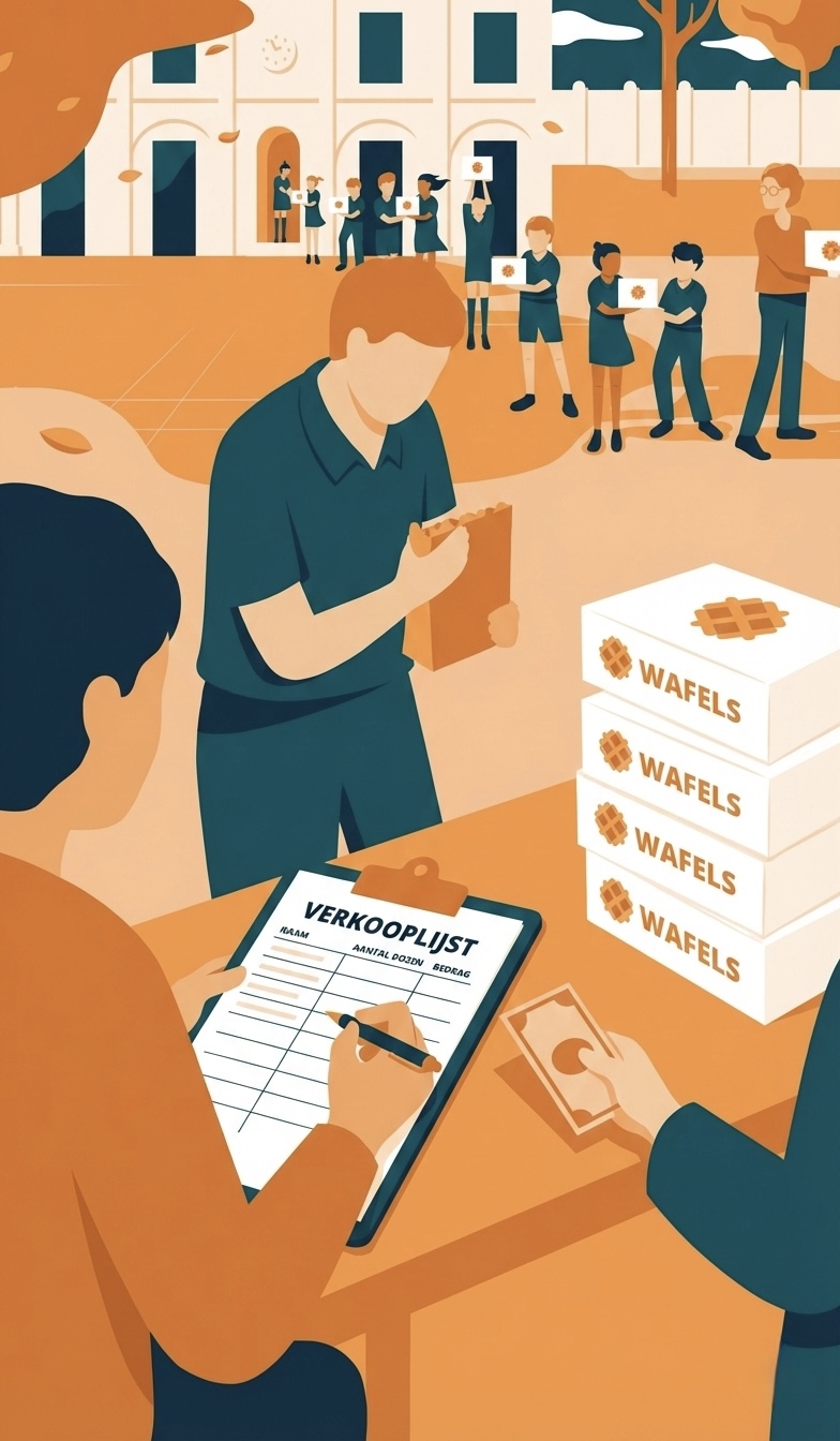 Klembord met papieren verkoopbriefjes en wafeldozen voor een succesvolle, traditionele wafelverkoop op papier.