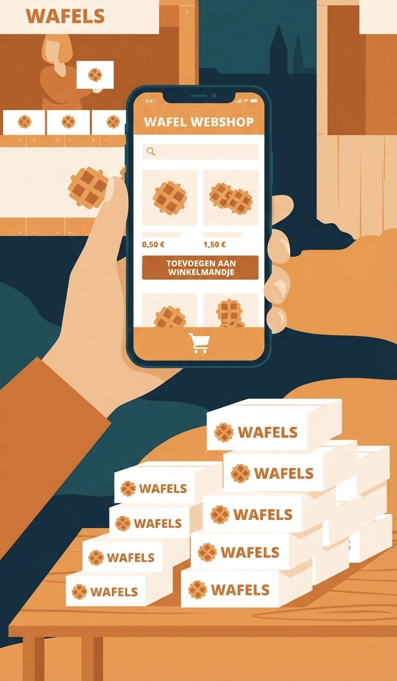 Illustratie van een online wafel webshop via Trooper, waarbij Bani Wafels rechtstreeks de bestelling ontvangt en verwerkt.